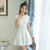莉菲姿 春夏装新款韩版收腰显瘦花边领纯色蕾丝短袖连衣裙(白色 L)