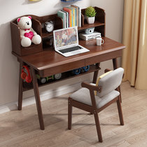 一米色彩 电脑桌家用实木书桌写字台北欧学生桌子办公桌电脑台式桌带书架抽屉(胡桃色 1米桌+椅子)