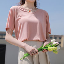 巴洛尼莫冰丝短袖女夏季新款纯色短款女装t恤宽松韩版时尚圆领透气上衣(红色 M)