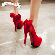 春秋性感新娘鞋红色结婚鞋超高跟鞋细跟恨天高蝴蝶结红鞋单鞋女鞋(37)(红色_跟9.5CM_)
