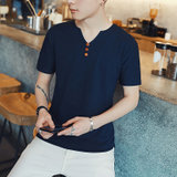 左岸男装夏季新款短袖T恤韩版修身青少年半袖打底衫简约百搭V领上衣(深蓝色 M)