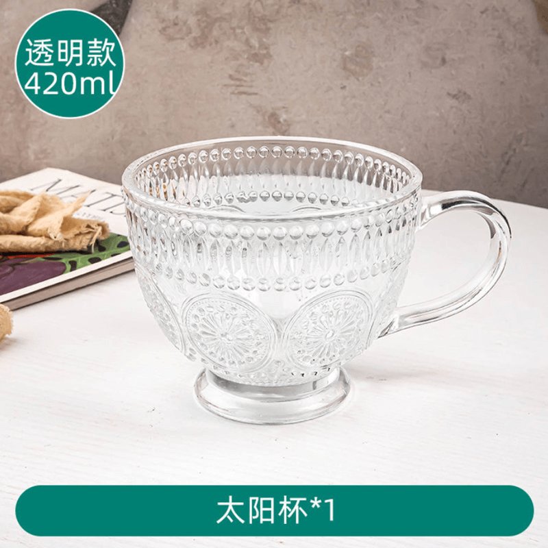 家用咖啡牛奶杯子带盖勺耐高温420ml浮雕太阳花杯透明杯太阳花杯1只