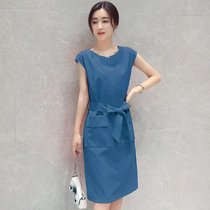 夏装新款女连衣裙韩版圆领时尚百搭修身显瘦中长款透气连衣裙(天蓝色 XL)