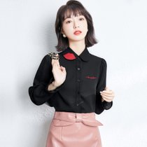 2021春款黑色衬衫女长袖刺绣雪纺衫港风气质肌理感(黑色 L)