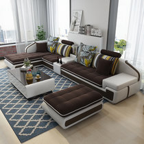 美天乐 可拆洗中小户型布艺沙发简约现代 客厅转角皮布沙发家具2.6/2.8/3.3/3.6米(咖啡色 （双+贵）2.58茶几+电视柜+脚踏)