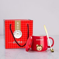 创意个性马克杯带盖勺杯子陶瓷喝水杯时尚情侣家用咖啡杯男女茶杯(红色狸猫+礼盒)