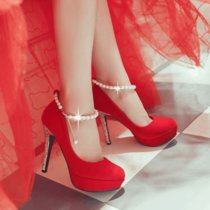 秋款新品红色结婚鞋婚礼伴娘鞋高跟女鞋白色新娘鞋细跟单鞋敬酒鞋(37)(白色_跟高9.5CM)