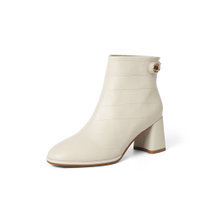 森达2021冬季新款商场同款石头纹气质粗跟女短皮靴4MF01DD1(米白 34)