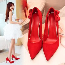 红色结婚鞋子女2017新款春季韩版百搭新娘红鞋高跟敬酒婚礼婚纱鞋(37)(红色)