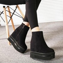 SUNTEK超高坡跟短靴秋冬2021新款少女鞋子绒面内增高马丁靴厚底防水台靴(34 黑色558-A)