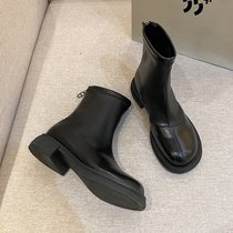 SUNTEK芒果头瘦瘦靴女靴子2021年冬新款英伦风小短靴粗跟加绒马丁靴女鞋(37 黑色加绒)