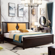 吉木多 新中式全实木床1.5米1.8米双人主卧室床小户型结婚床橡胶木家具(1.8*2米黑檀色软包款 床+床垫+床头柜*2)