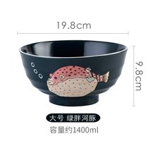 日式汤面碗高脚陶瓷家用创意个性小清新卡通手绘吃面大碗可爱单个(8英寸螺纹绿胖河豚[适合家庭盛汤 放水果])