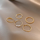 倾欣 珍珠五件套戒指精致轻奢小众设计ins潮2021年新款潮个性气质食指(金色 默认版本)