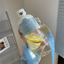 水杯夏季女生高颜值可爱带吸管儿童小众少女杯水壶瓶2021新款杯子(熊头蓝色700ml+背带)