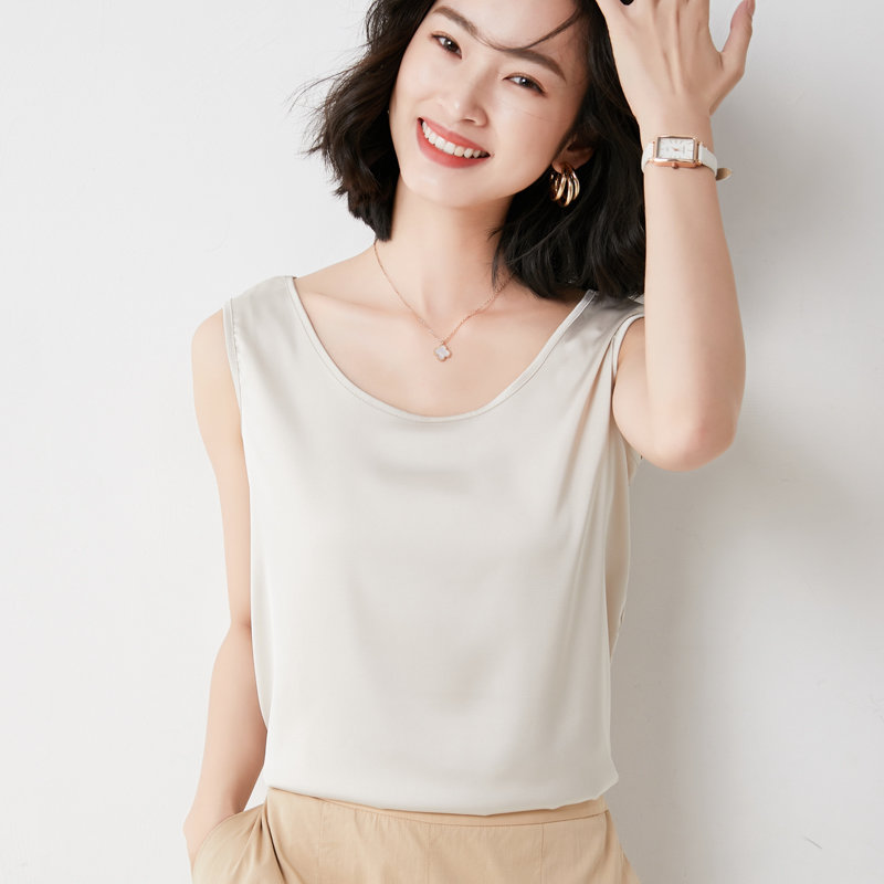 真丝背心女士夏季外穿潮短款西装内搭桑蚕丝上衣缎面圆领宽肩吊带(浅