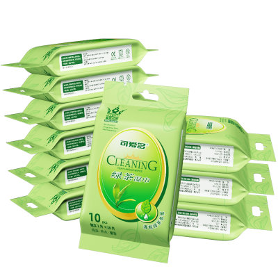 绿茶湿纸巾便携独立片装10片*10包 出行常备湿巾纸(10抽x10包)
