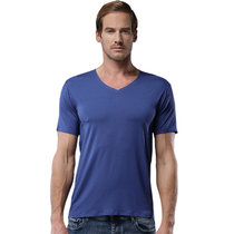 梦邦新款男士无痕莫代尔T恤V领短袖半袖薄款修身打底衫纯色上衣(蓝色 XXL)