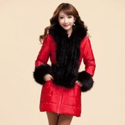 妮蕾迪 新款优雅连帽大毛领修身系腰带棉服女装防寒服M9978(红色 L)