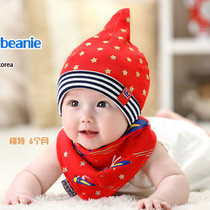 春季新款儿童帽子 韩国婴儿帽子男女宝宝帽子春秋冬季套头棉帽韩版三角巾两件套装(酒红色)