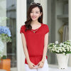 Mailljor 2014夏季韩版修身大码纯色韩国绒上衣T恤衫女士圆领短袖衬衫3(大红色 M)