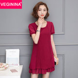 VEGININA 显瘦时尚拼接雪纺连衣裙短袖 9534(酒红色 3XL)