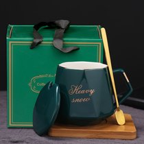 陶瓷水杯子创意个性家用刻字马克杯带盖勺咖啡杯北欧轻奢复古定制(墨绿色带盖勺+（礼盒+竹垫）)