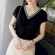 MISS LISA短袖T恤夏装针织衫v领撞色韩国东大门宽松气质打底衫T3247(黑色 S)