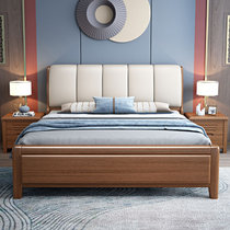 吉木多 胡桃木实木床1.5米现代简约北欧床1.8米双人床主卧轻奢家用软包床(1.8*2米胡桃色 床+床头柜*1)