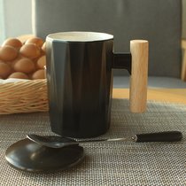 ins北欧简约陶瓷马克杯子咖啡杯带盖勺情侣办公室家用男女喝水杯(橡木柄几何黑（带瓷盖勺）)