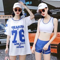 游泳衣女学生保守韩版比基尼分体三件套罩衫平角沙滩泳装性感(8996 蓝色T袖三件套 M码（80-95斤）)