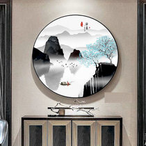 新中式圆形装饰画客厅玄关挂画茶室餐厅酒店包厢墙画中国风山水画(中国风-2 单幅+PS黑色边框)
