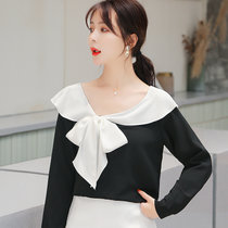 2021春法式小众雪纺衫黑白拼接荷叶边衬衫女(黑色 XL)