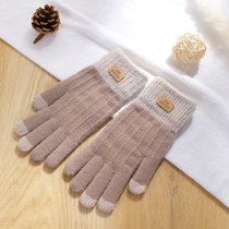 冬季女士骑行加绒保暖触屏手套 仿羊绒防寒加厚针织手套(卡其色 均码)