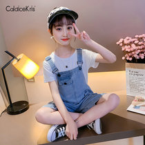 CaldiceKris（中国CK）女童纯色白T牛仔背带裤套装CK-FS3428(蓝色 150)