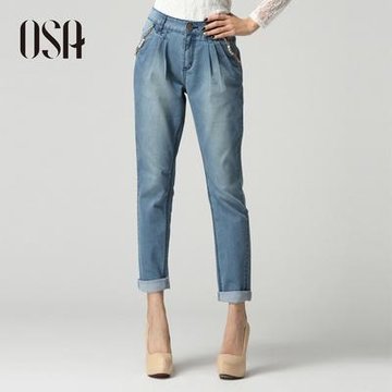 自信悠扬OSA2013春装新款钉珠哈伦小脚牛仔裤(浅蓝色 L)