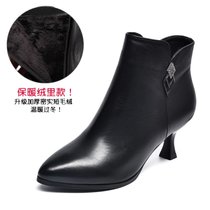 SUNTEK短靴女2021年秋冬季新款尖头低跟细跟靴子时尚加绒软皮女鞋(36 黑色/加绒)