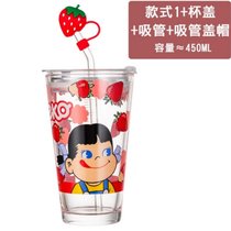 不二家日式牛奶杯 玻璃吸管杯水杯刻度有盖牛奶果汁杯子可爱ins风(大头妹杯+盖+吸管+草莓帽)