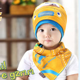 春季新款男女宝宝帽子 儿童帽子秋冬季 韩版婴儿棉布套头帽三角巾两件套装0-1-2岁(黄色)