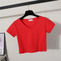 SUNTEK短袖t恤女夏短款露脐上衣漏肚脐打底衫紧身高腰体恤短装小衫(XL V领大红色)