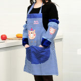 厨房防油袖套 卡通小熊可爱围裙套装 防水罩衣套袖(蓝色)