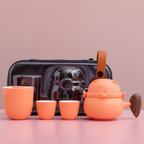 招Cai猫旅行茶具套装小套陶瓷快客杯便携式礼盒创意(橙色 一壶两杯 茶叶罐)