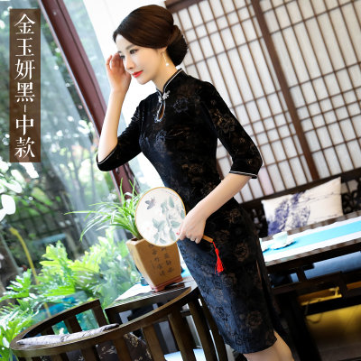 秋冬新款金丝绒长袖旗袍复古改良中长款中袖旗