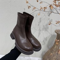 SUNTEK韩版棕色V口显瘦高筒靴女鞋2021年冬季新款圆头长筒靴不过膝长靴(36 棕色短筒单里361-1)