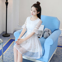 窈兹 女装韩版白色收腰连衣裙甜美喇叭袖雪纺小清新短袖蓬蓬裙(白色 XL)
