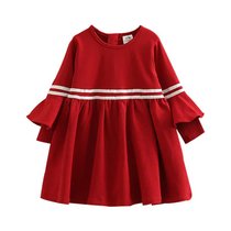 宝宝喇叭袖连衣裙 春装新款女童童装儿童圆领长裙qz4565(150 红色)