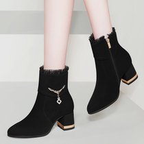 SUNTEK磨砂靴子女反毛皮短靴2021新款冬季女鞋加绒粗跟高跟鞋妈妈瘦瘦靴(40 黑色 （不加绒）9099-2)