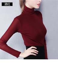 MISS LISA秋冬新款高领网纱打底衫大码长袖t恤性感内搭小衫23008(酒红色 S)