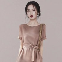 时尚名媛气质通勤职业裙子女2021夏新款短袖收腰系带中长款连衣裙(粉红色 L)
