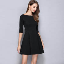 短款一字领黑裙子小个子连衣裙2021年春夏秋法式赫本红色礼服中袖(黑色 XL)